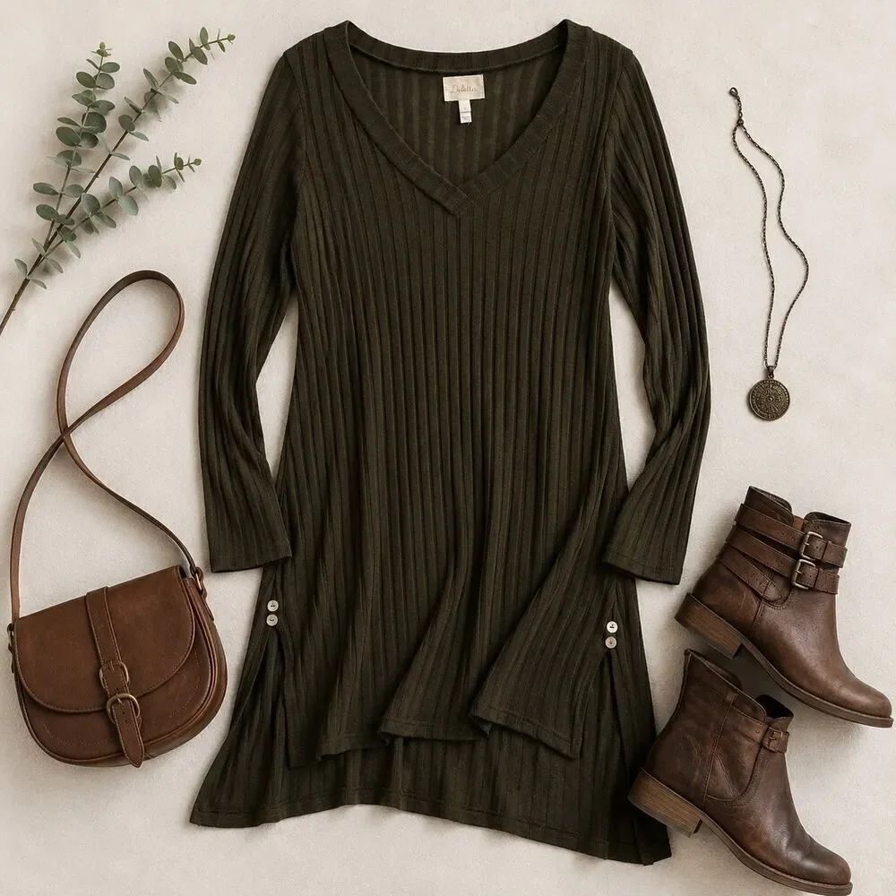 Anthropologie Deletta Ribbed V-Neck Tunic Top Boho Minimalist Long Sleeve Large
